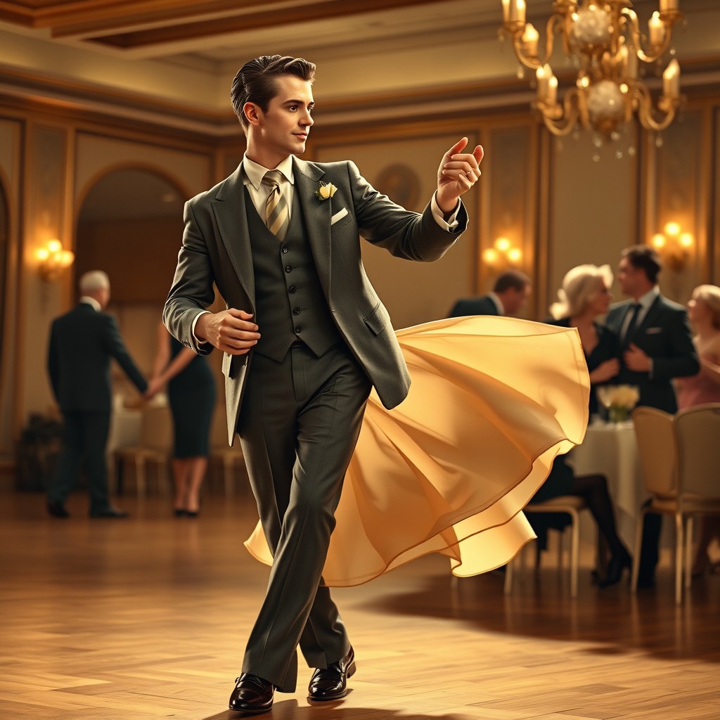 A classy depiction of a white American man in a stylish 1930s suit, gracefully dancing the waltz