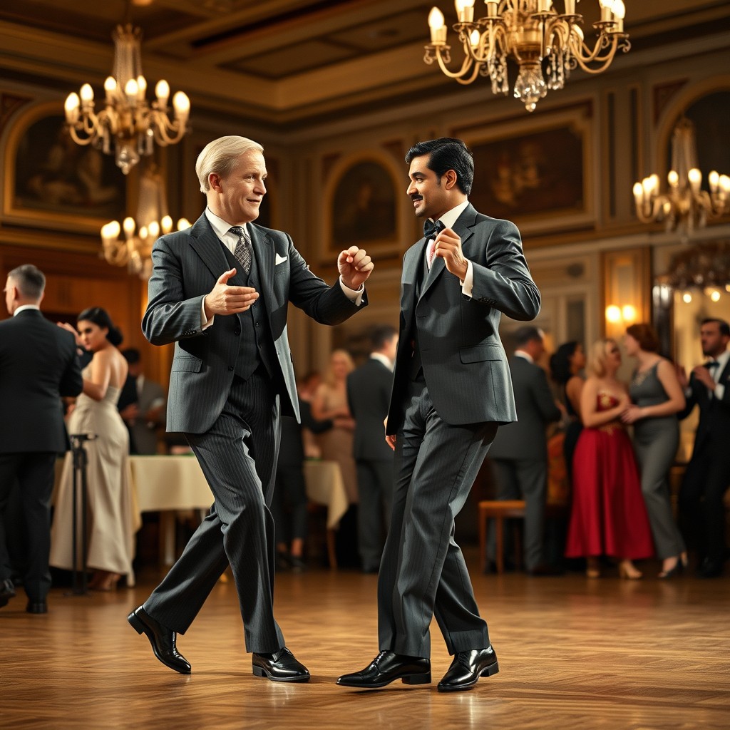 A white American man in a 1930s suit, complete with a tie and polished shoes, gracefully dancing the waltz with an East Indian man in a well-tailored suit, featuring no facial hair