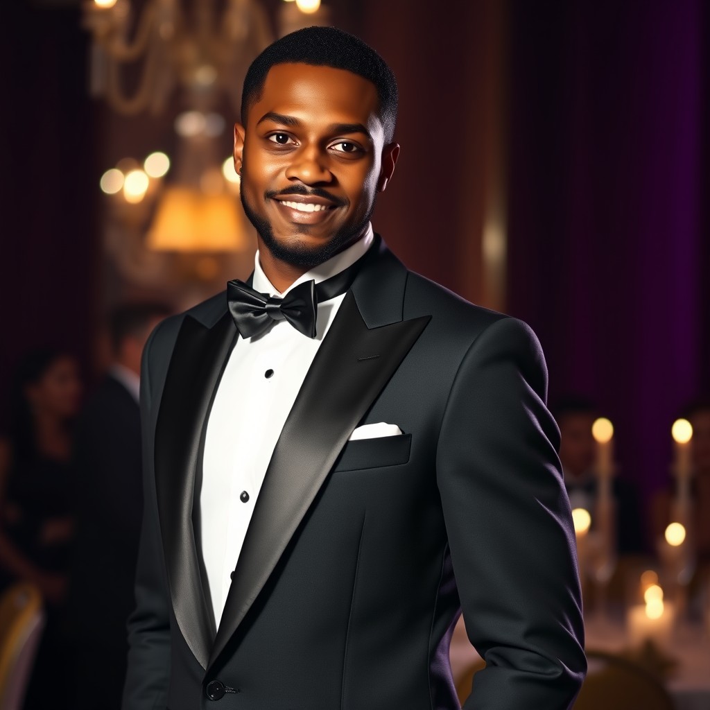 A stylish light-skinned Black Muslim man dressed in a classic tuxedo, showcasing elegance and sophistication