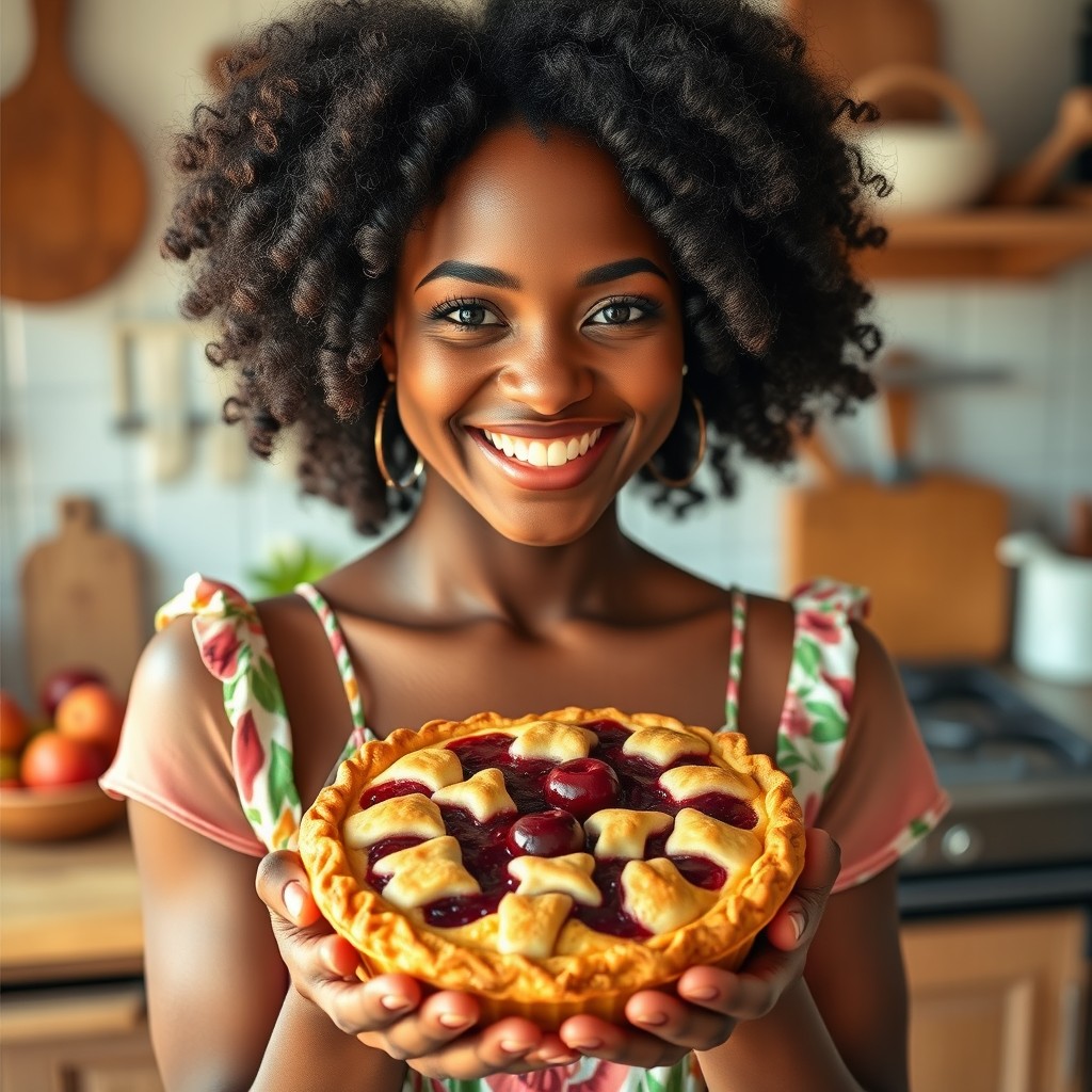 A beautiful Black woman with a warm smile, holding a freshly baked cherry pie in her hands
