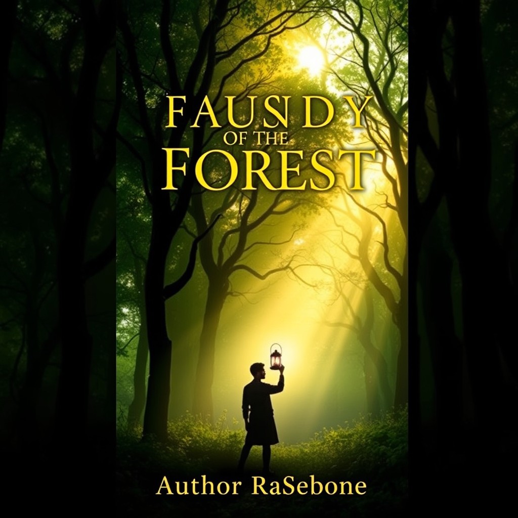 A captivating eBook cover design featuring a mystical forest with soft, golden sunlight filtering through the trees