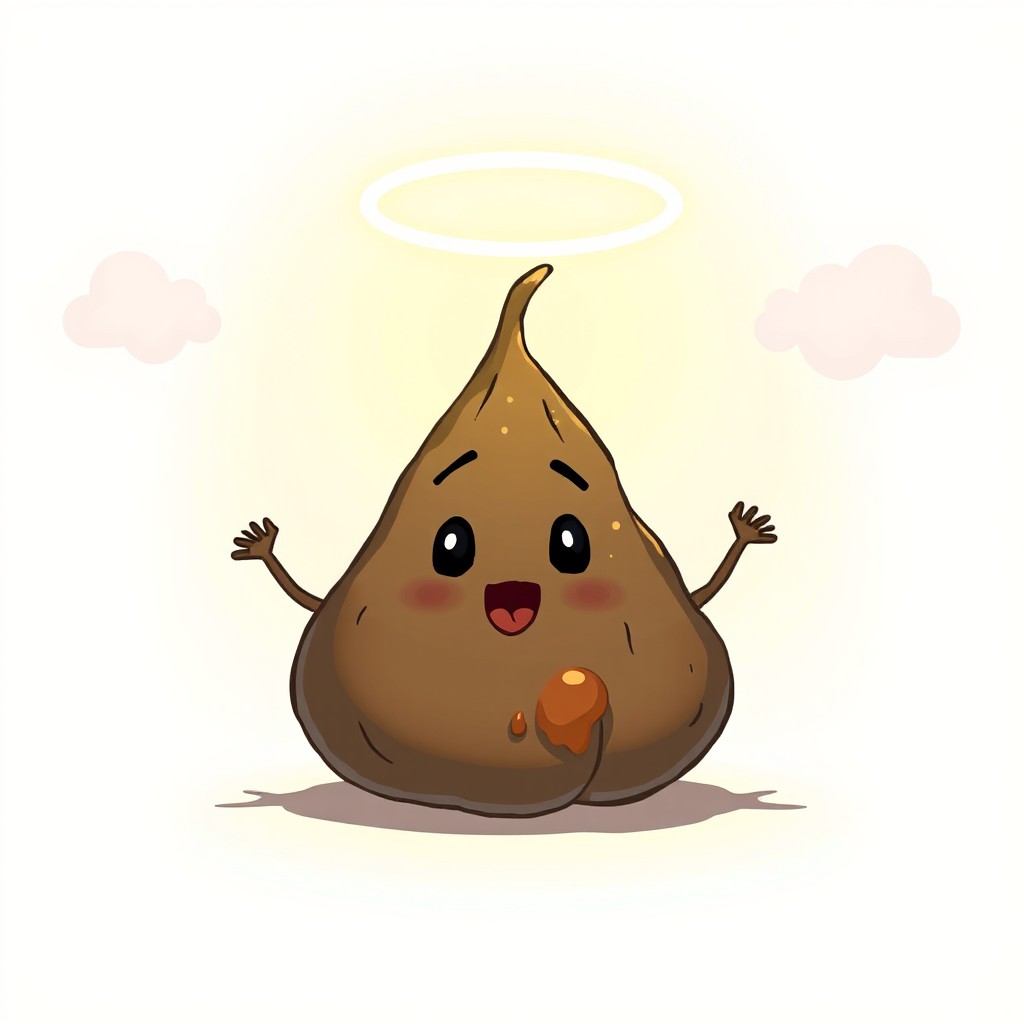 A humorous and surreal depiction of a piece of excrement with a glowing halo hovering above it, giving the contrasting impression of divinity