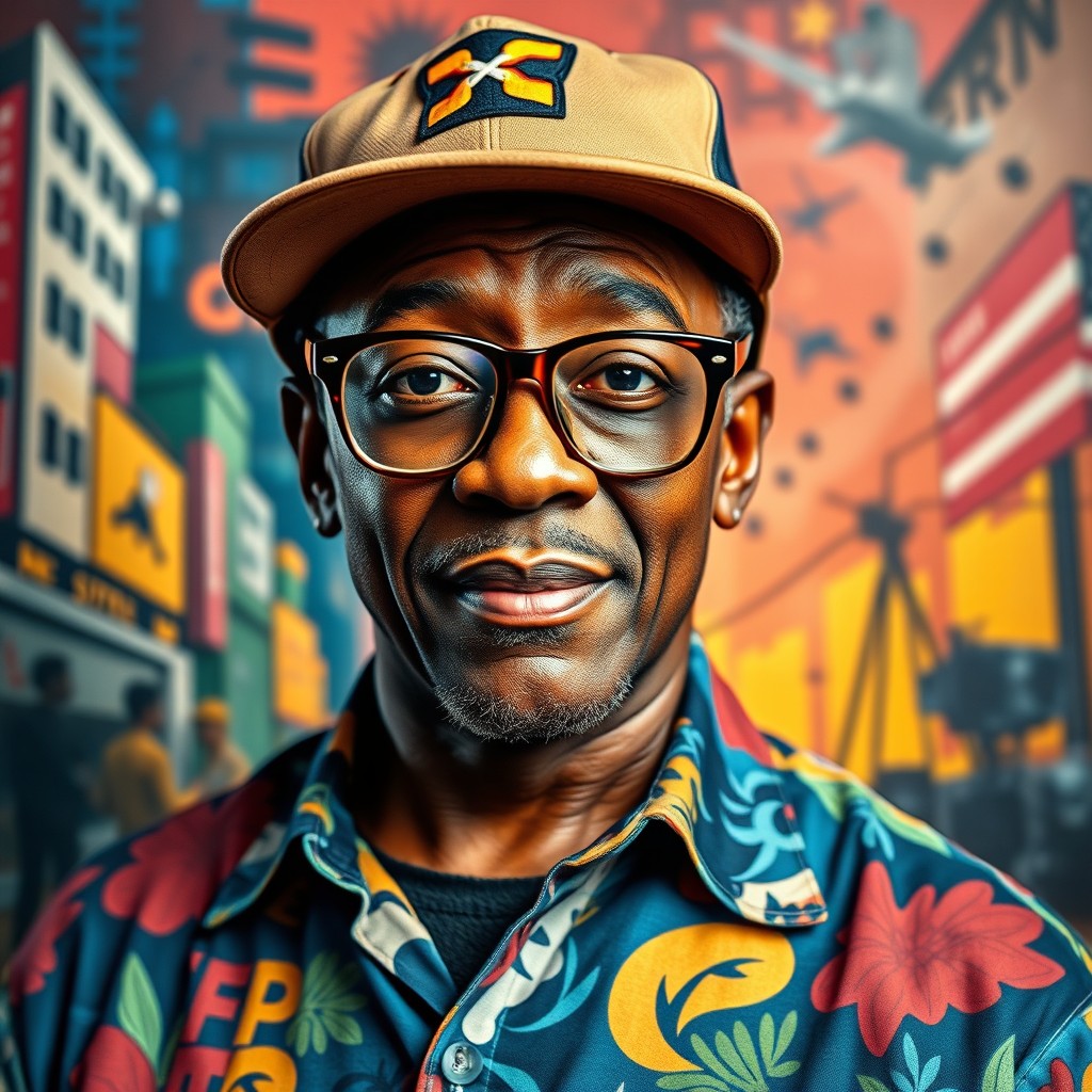 A portrait of a Black male filmmaker, resembling Spike Lee, known for his iconic glasses and distinctive style