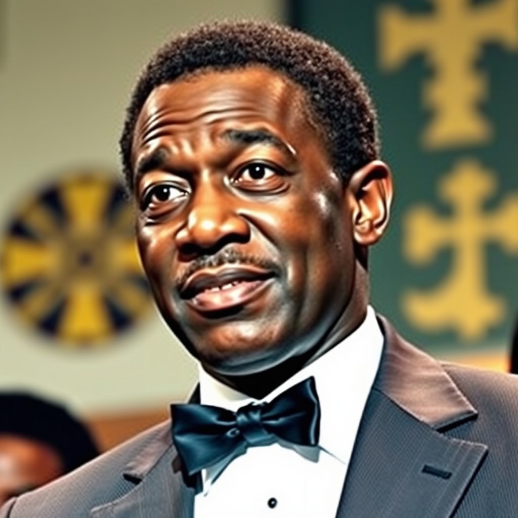 A respectful portrait of a middle-aged Black male leader resembling Minister John Muhammad from the Nation of Islam, showcasing his authoritative presence and charisma