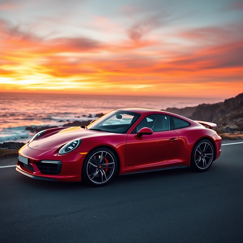 A sleek, modern Porsche sports car parked on a scenic coastal road at sunset