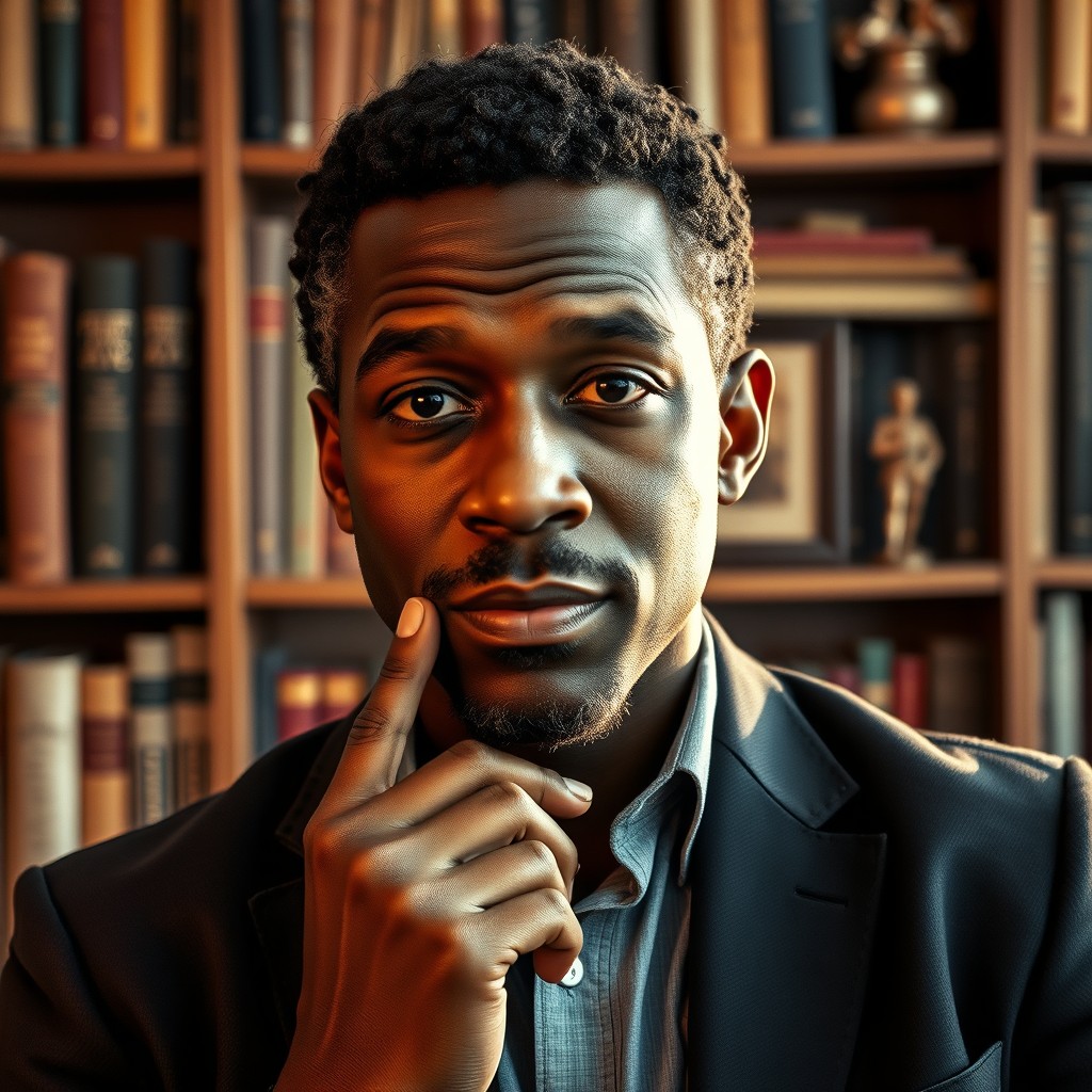 A thoughtful portrait of a Black male author and historian inspired by Karl Evanzz, showcasing his contemplative expression and scholarly demeanor