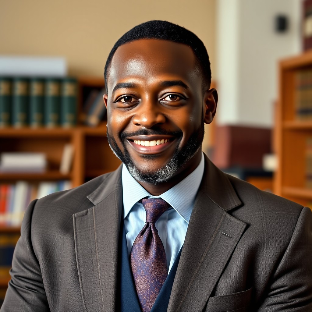 A professional portrait of a middle-aged Black male academic and historian inspired by Patrick D