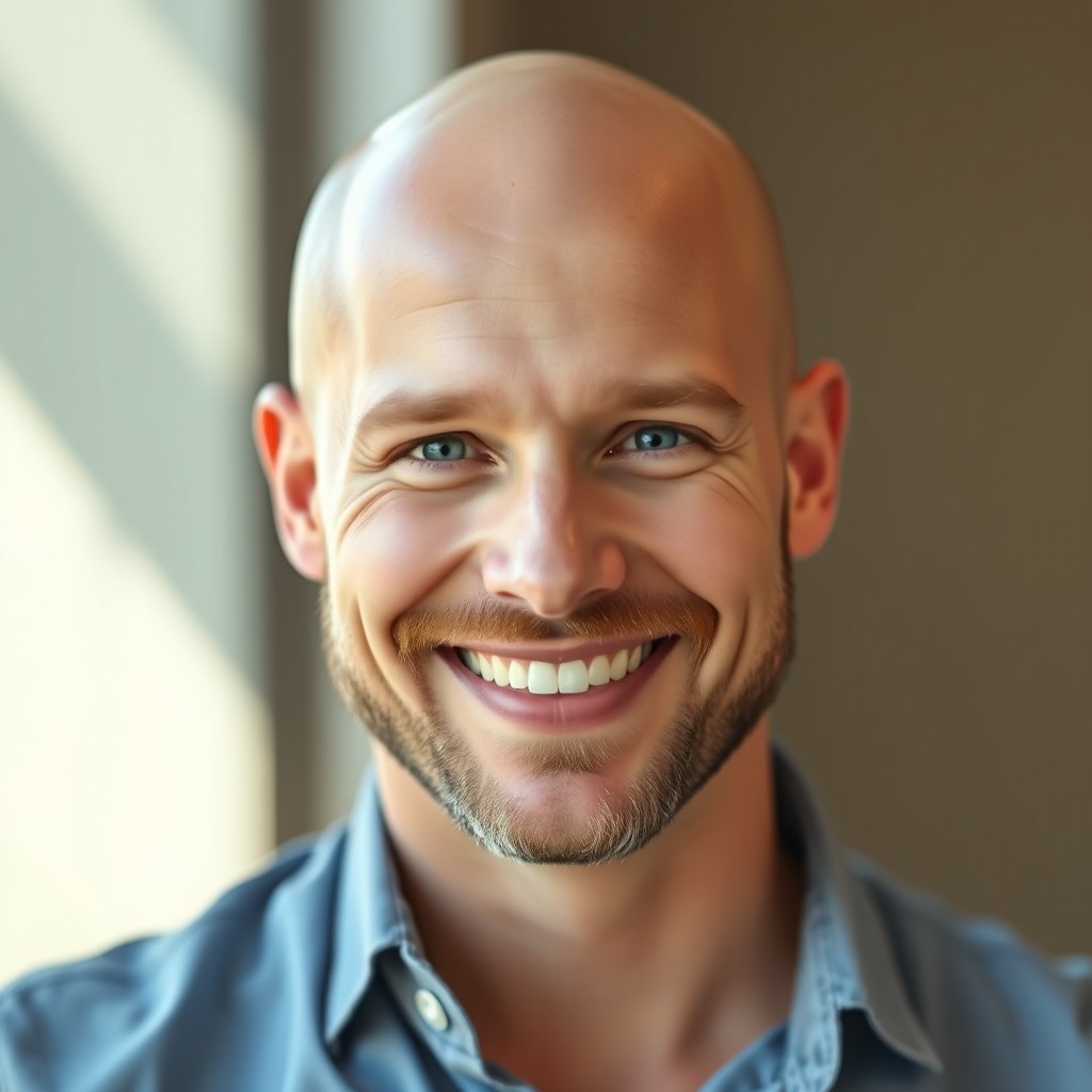 A realistic portrait of a bald White male, showcasing his confident demeanor and friendly expression