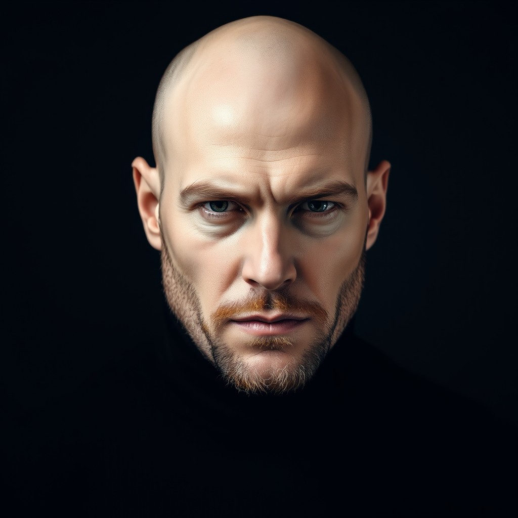 A striking portrait of a bald White male, with a serious expression that conveys intensity and depth