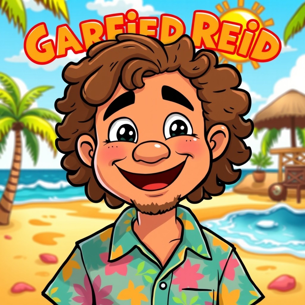 A whimsical and colorful cartoon-style illustration of a character named Garfield Reid, depicted as a friendly and laid-back individual with a large, warm smile