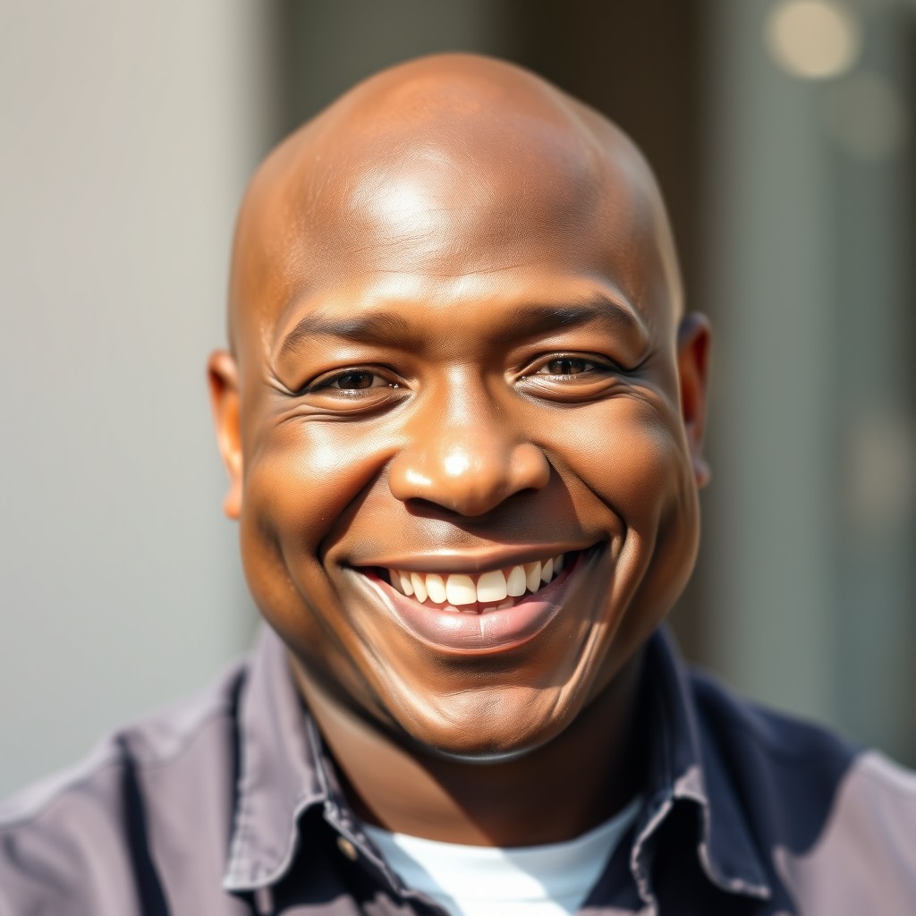 A warm and inviting portrait of a Black man with a bald head, featuring chubby cheeks that give him a friendly and approachable appearance