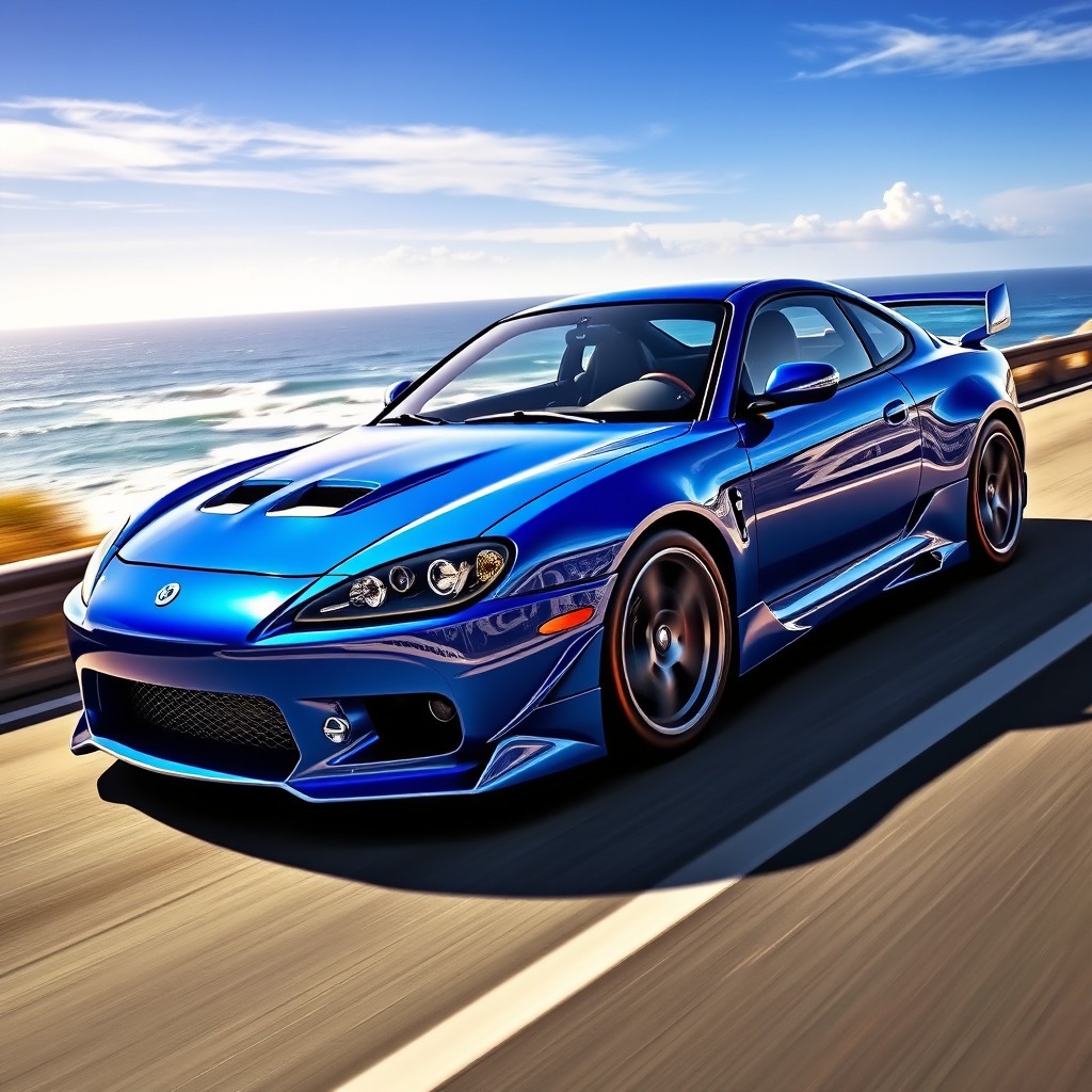 A striking digital artwork featuring a Lancer 9 sports car, showcasing a sleek, aerodynamic design and painted in vibrant shades of blue