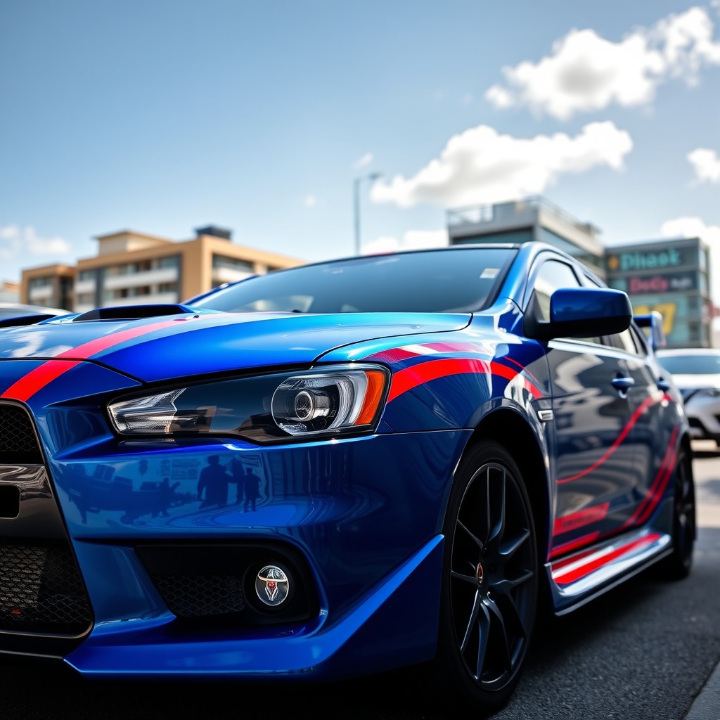 A striking blue Lancer car adorned with vibrant red racing stripes
