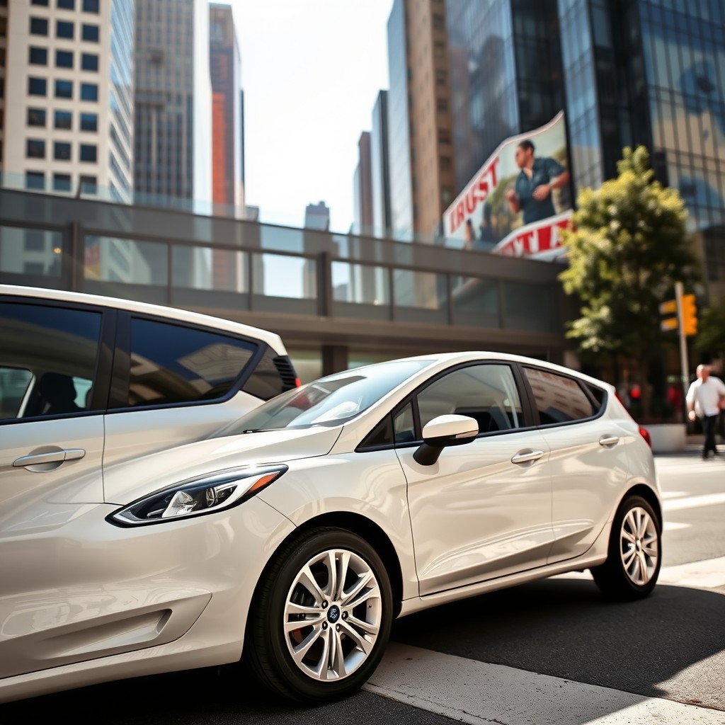 A sleek white Ford Fiesta parked in an urban setting, showcasing its modern design and glossy finish