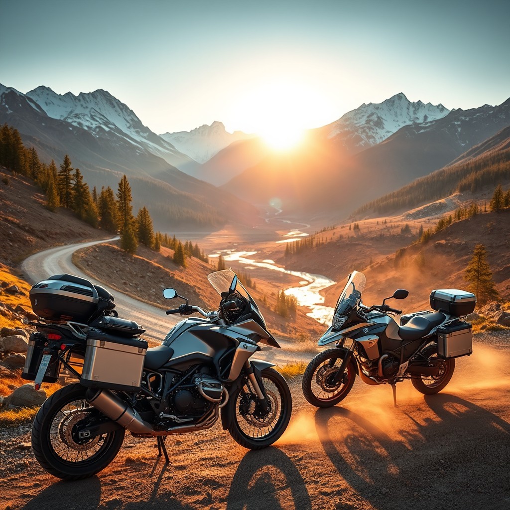 A breathtaking mountain landscape at golden hour with two adventure touring motorcycles parked on the side of a winding dirt road