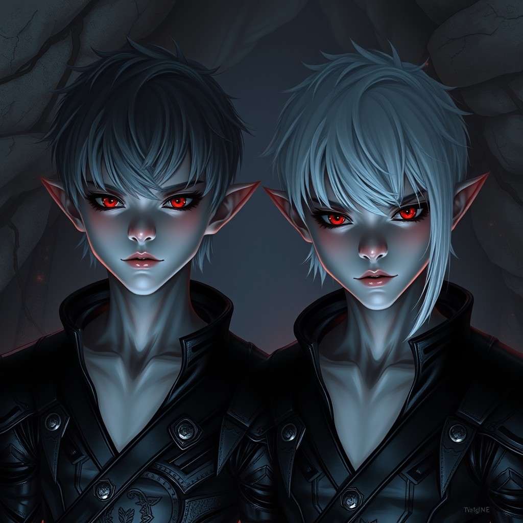 Two young male drow twins, sporting short hair and cunning expressions, clad in sleek black leather armor