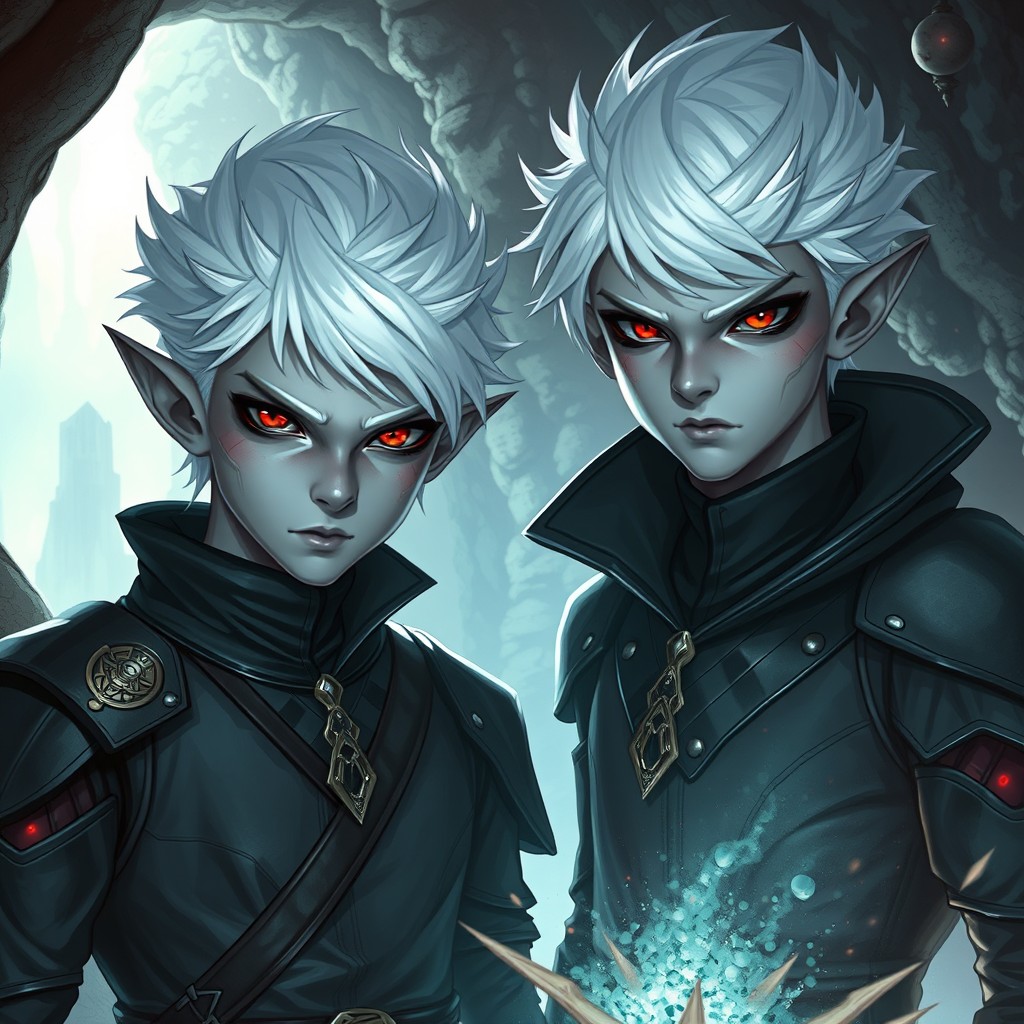 Two young male drow twins, characterized by their short hair and cunning looks, dressed in sleek black leather armor