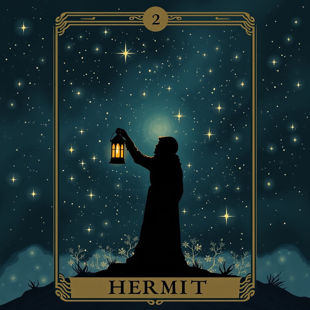 A mystical illustration of the Hermit Tarot card, featuring a solitary silhouette holding a lantern surrounded by twinkling stars in a deep night sky