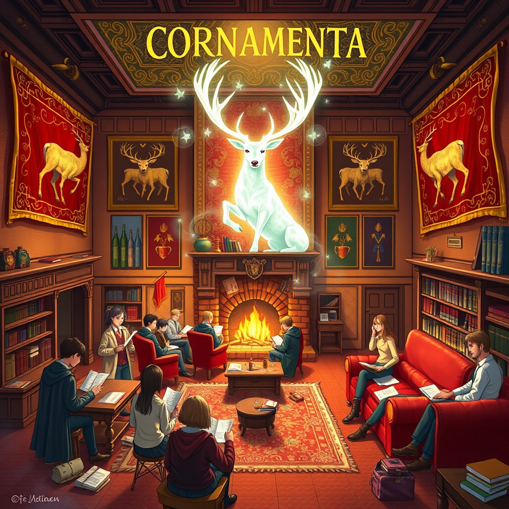 A whimsical illustration of a fictional school common room named 'CORNAMENTA', inspired by magical themes, featuring a grand fireplace, plush red and gold furniture, and walls adorned with dazzling tapestries depicting brave deer