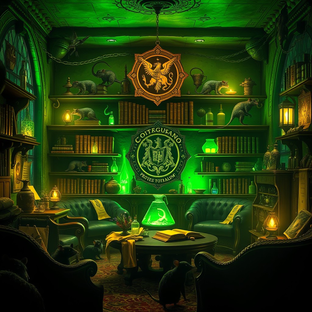 An enchanting fantasy scene depicting the common room of a wizarding house called Colagusano, where cunning and survival are key themes