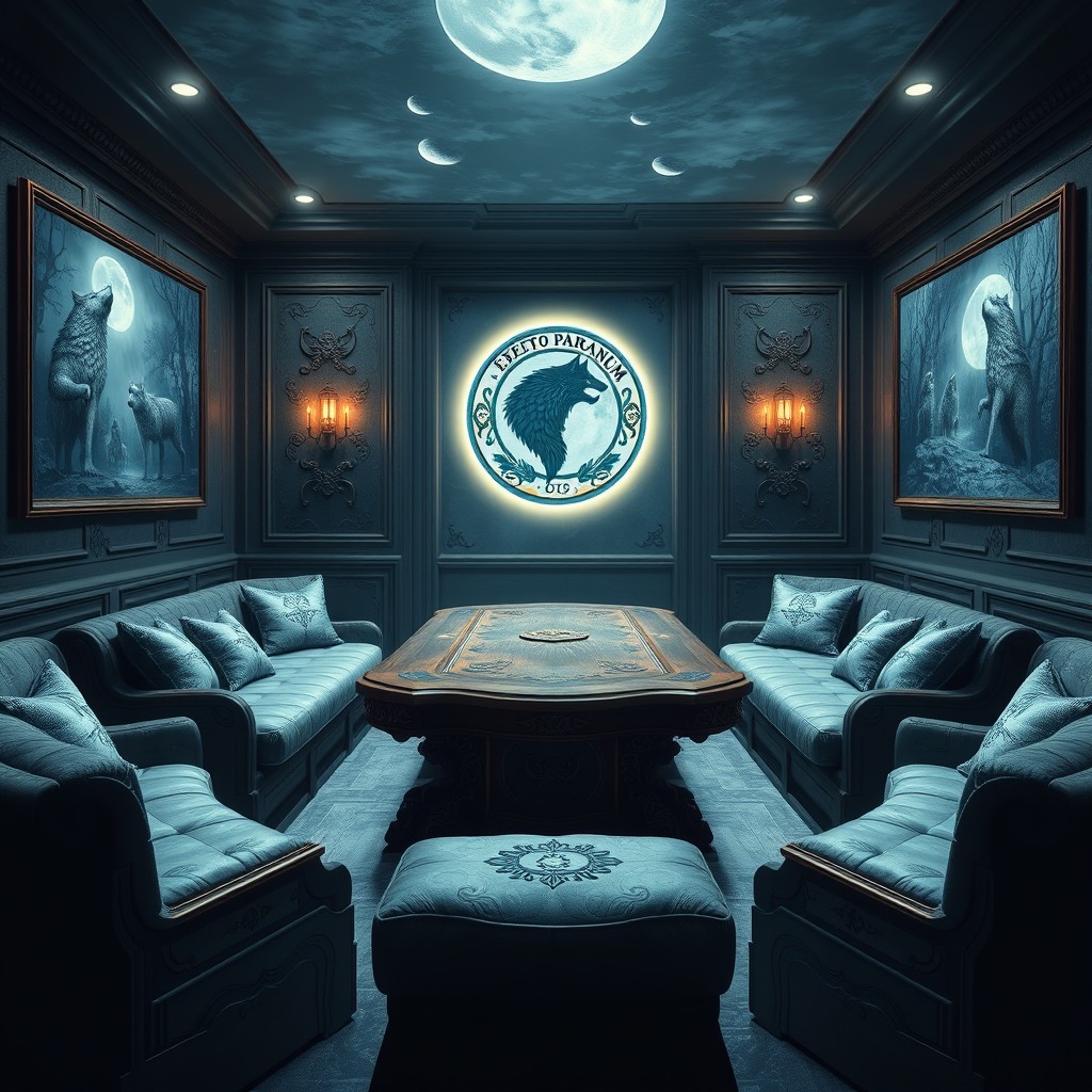 A mystical and enchanting setting representing the essence of a fictional common room for a group called 'Lunático'