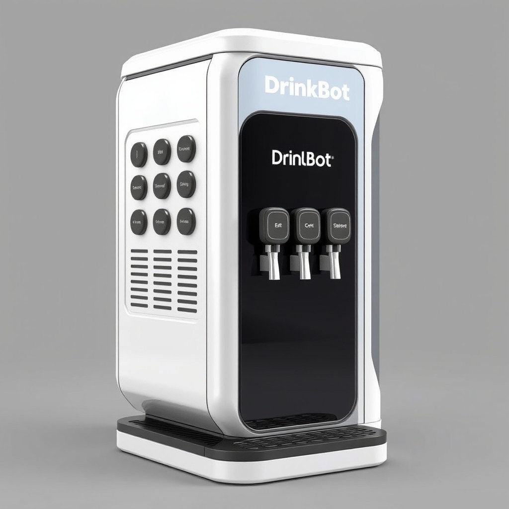 A 3D render of a DrinkBot beverage dispensing machine, designed in a futuristic yet classic style