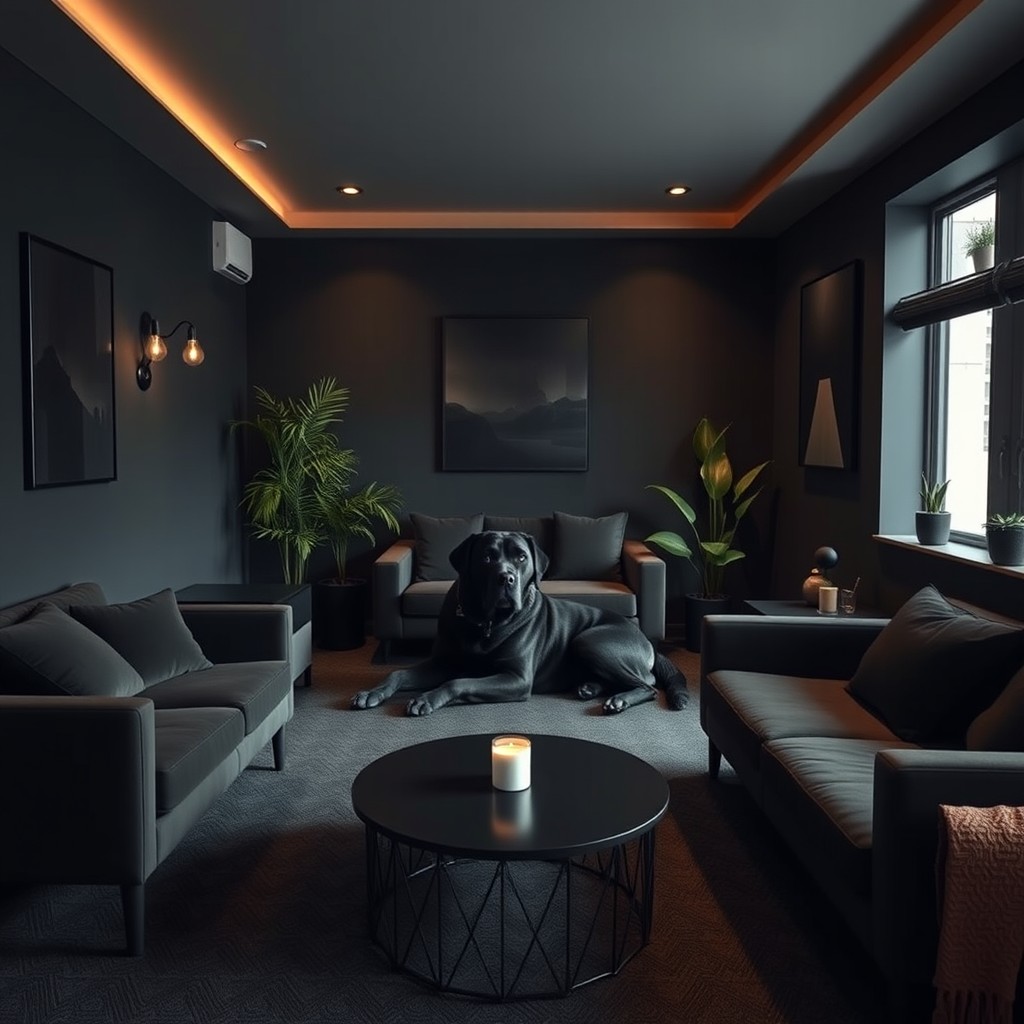 A cozy communal room named CANUTO, decorated in a rich black theme