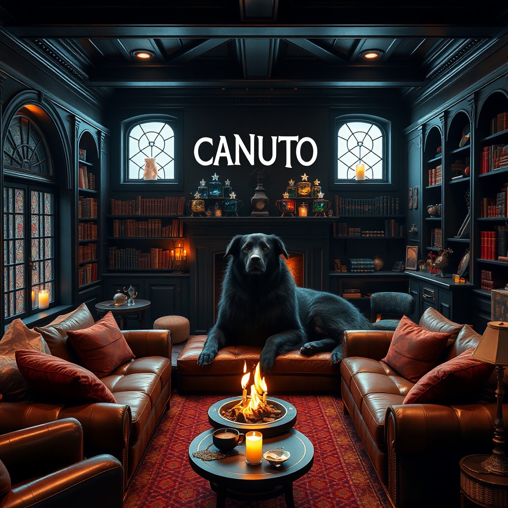 A cozy common room named 'CANUTO', predominantly featuring a rich black color scheme