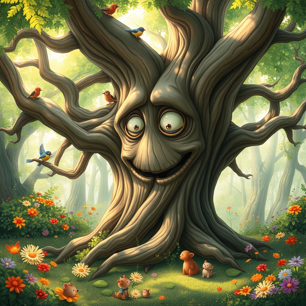 A whimsical scene depicting a large, ancient tree with a wide trunk and thick, twisting branches that seem to form a face with eyes and a mouth, expressing emotions