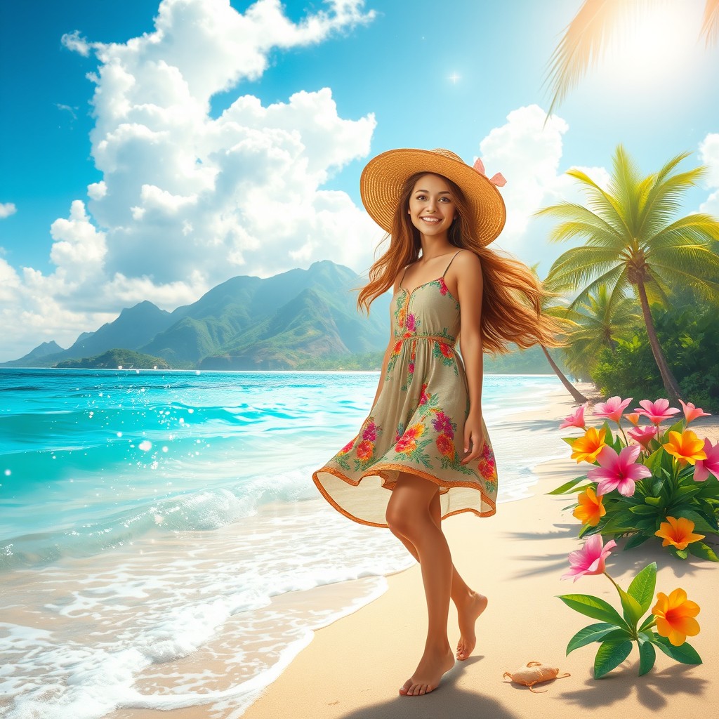 A whimsical scene depicting Zara, a young woman with long flowing hair and an enchanting smile, embarking on her magical journey to Mauritius