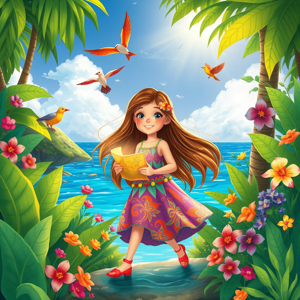 A whimsical illustration capturing Zara, a young girl with long flowing hair and a bright smile, embarking on a magical journey in Mauritius