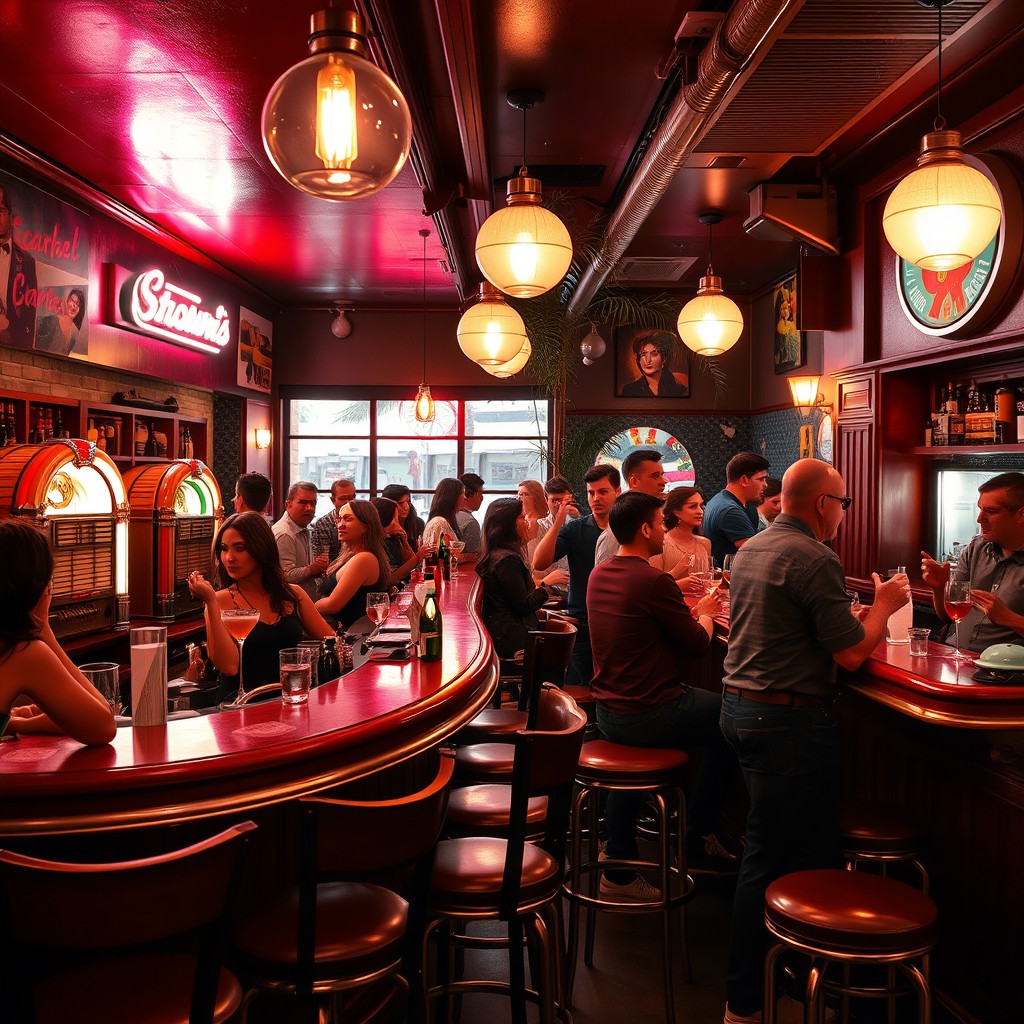 A vintage-inspired bar scene set in Los Angeles, with retro decor such as neon lights, chrome accents, and classic wooden bar stools