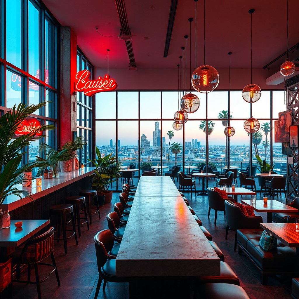 Design a bar inspired by Los Angeles, featuring a blend of modern and vintage styles