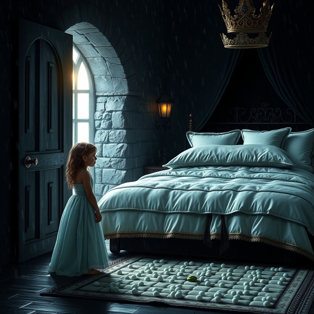 A dark, rainy night scene featuring a mysterious castle made of ancient stone