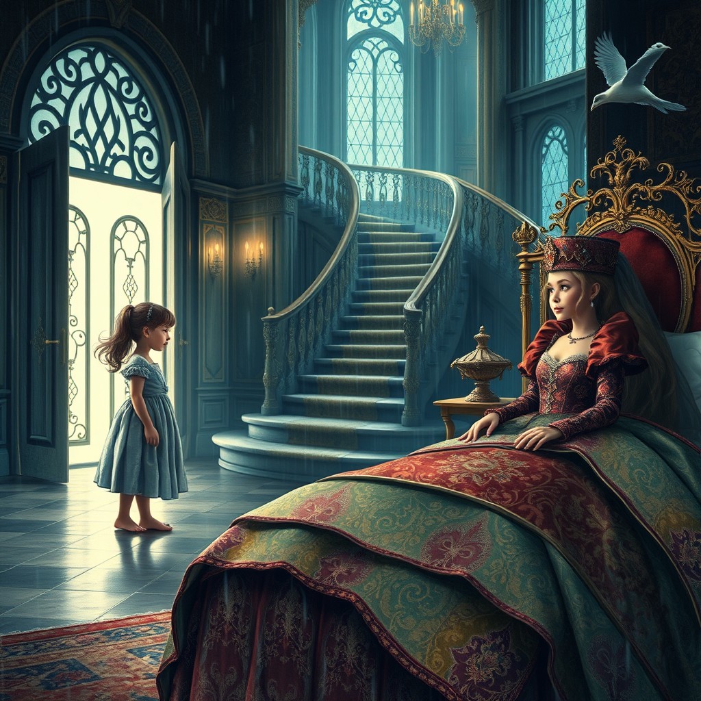 A beautiful and whimsical fairy tale scene depicting a rainy night outside a grand castle, where a young girl, dressed in a tattered yet elegant dress, is standing at the door, looking hopeful