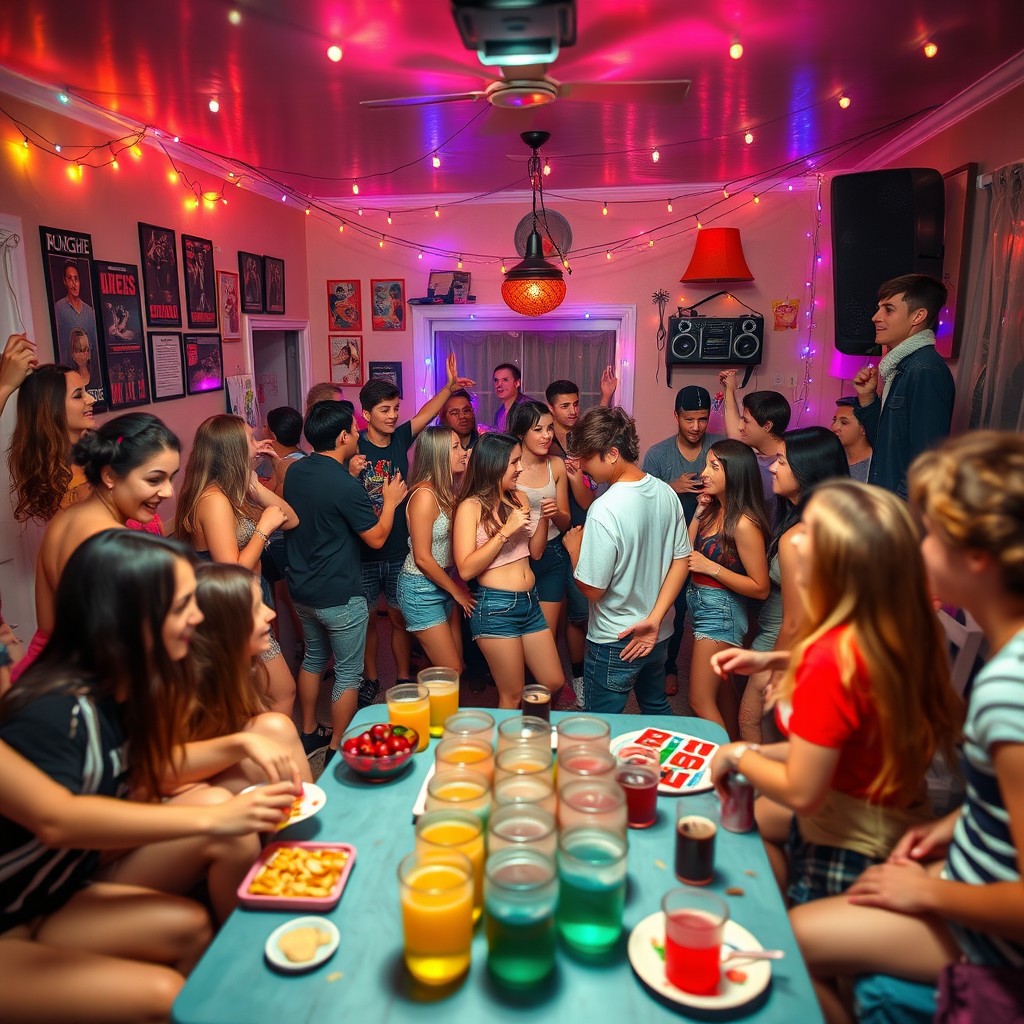 A vibrant high school house party scene filled with energy and youthful excitement