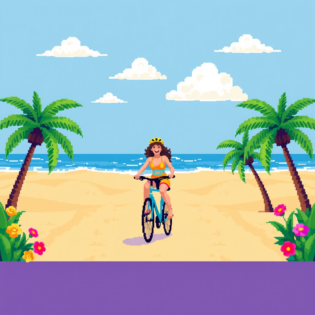 A vibrant pixel art style image depicting a straight landscape featuring a beautiful beach in the background with soft golden sands and gentle waves lapping at the shore