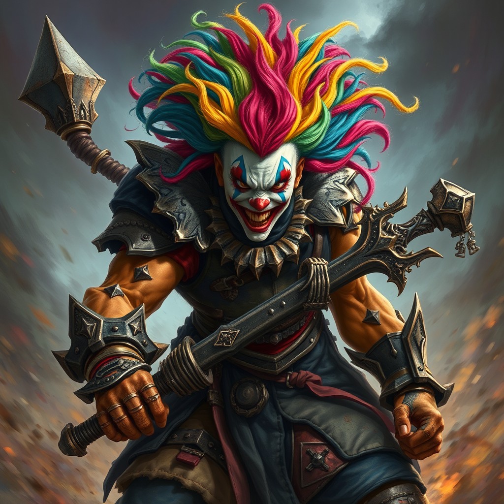 A fierce and captivating character that combines elements of a berserker and a clowness