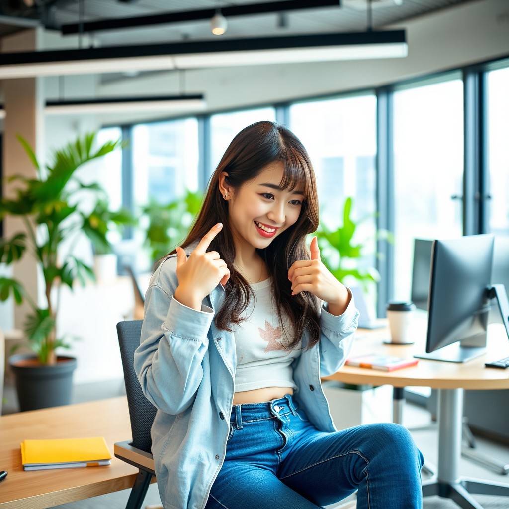 A Japanese woman in a modern office setting, casually dressed, playfully interacting with her belly button, showcasing a light-hearted moment