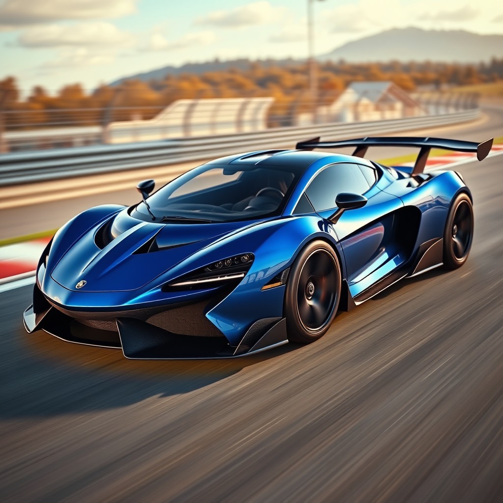 A stunning supercar designed with a sleek, aerodynamic profile, featuring a prominent rear wing optimized for downforce