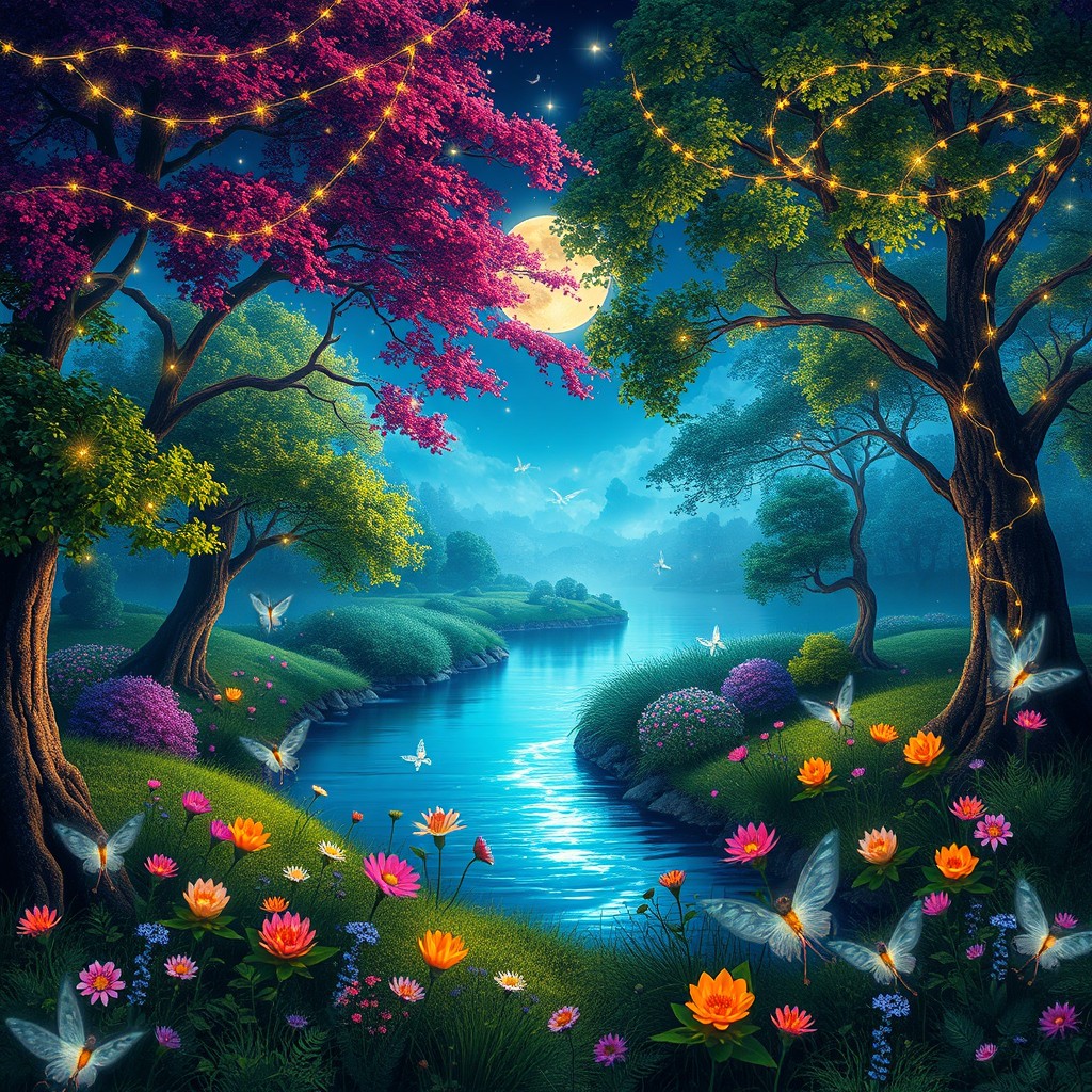 An enchanting landscape featuring a serene, twilight scene in a magical forest