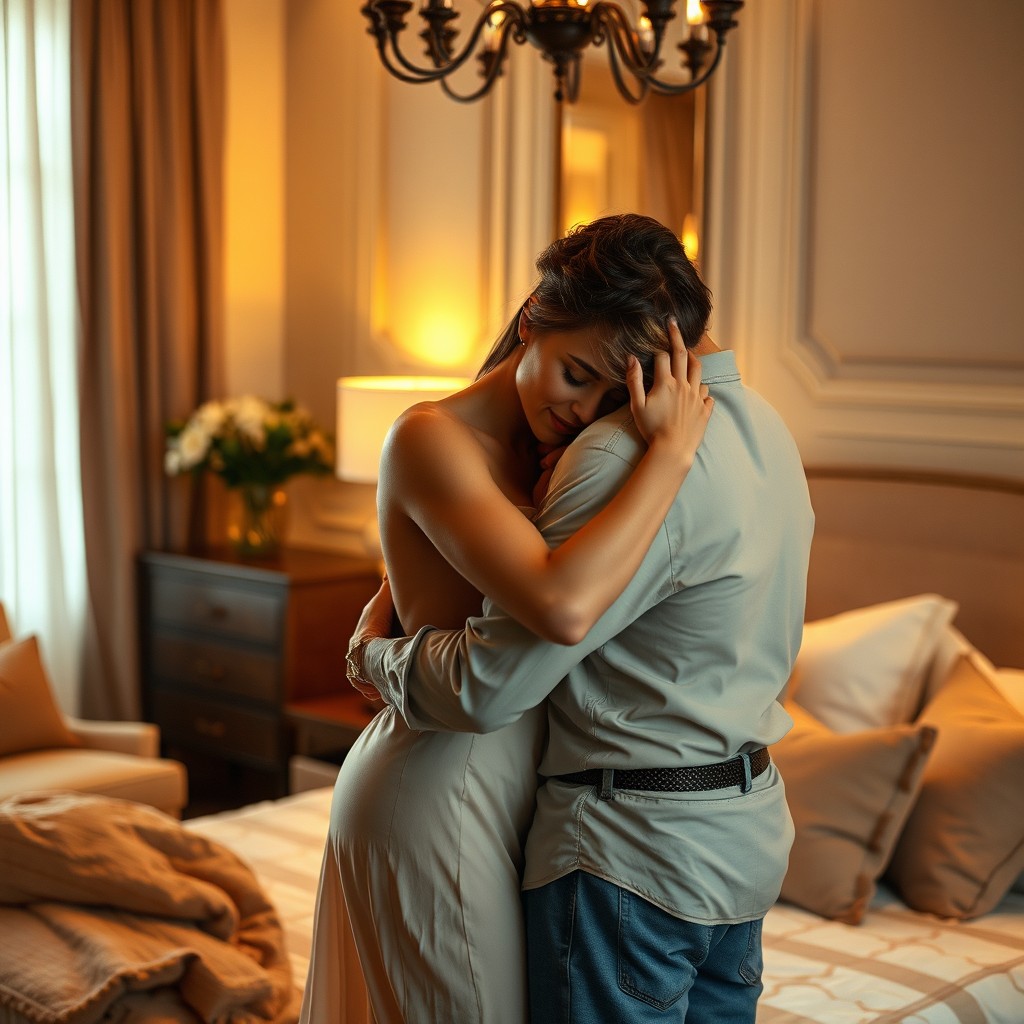 An intimate and romantic scene between two adults in an elegant bedroom setting, softly lit with warm light, showcasing a beautiful modern aesthetic