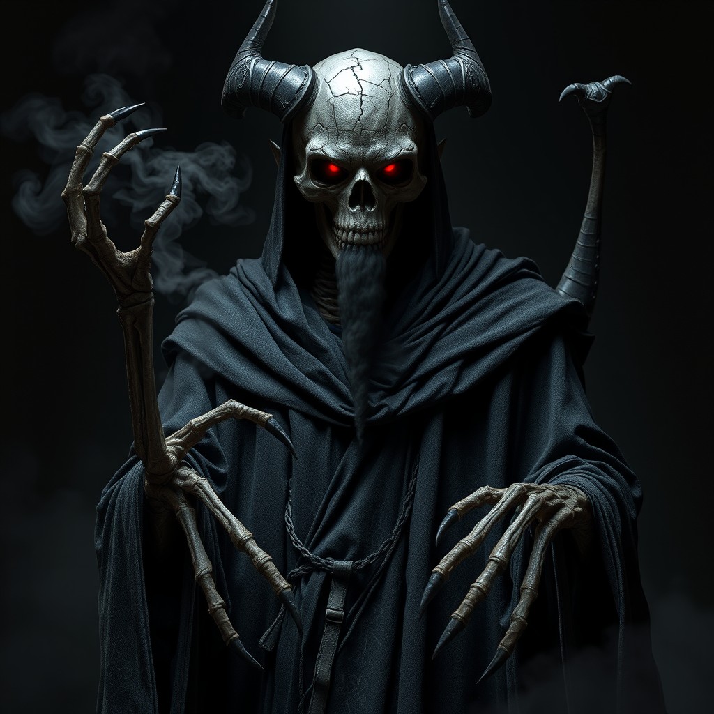 The Duke of Dread, a towering skeletal devil, looms ominously in a dark setting swathed in tattered black robes intricately embroidered with shifting infernal runes