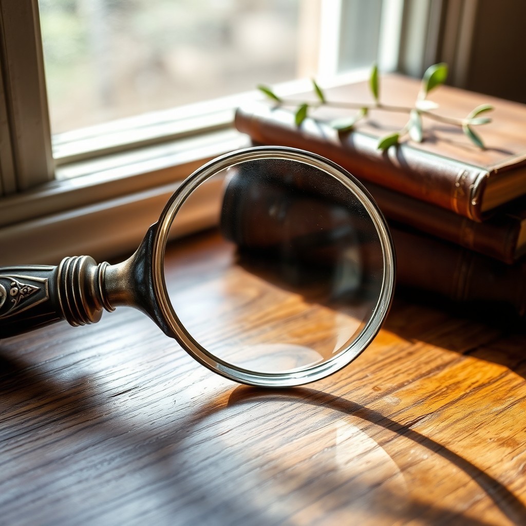 A close-up view of a beautifully crafted magnifying glass resting on an antique wooden table