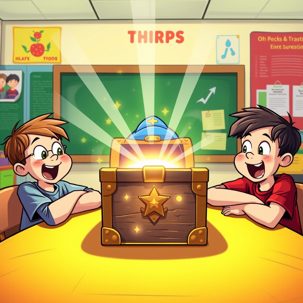 Three third grade boys sitting around a table in a colorful cartoon-style classroom, each boy displaying excitement and curiosity
