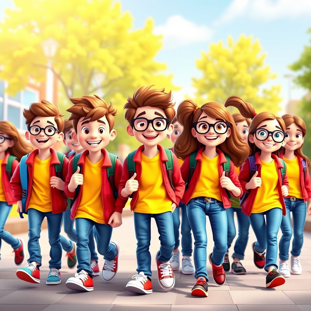 A group of happy high school students in a vibrant 3D cartoon design, consisting of both boys and girls