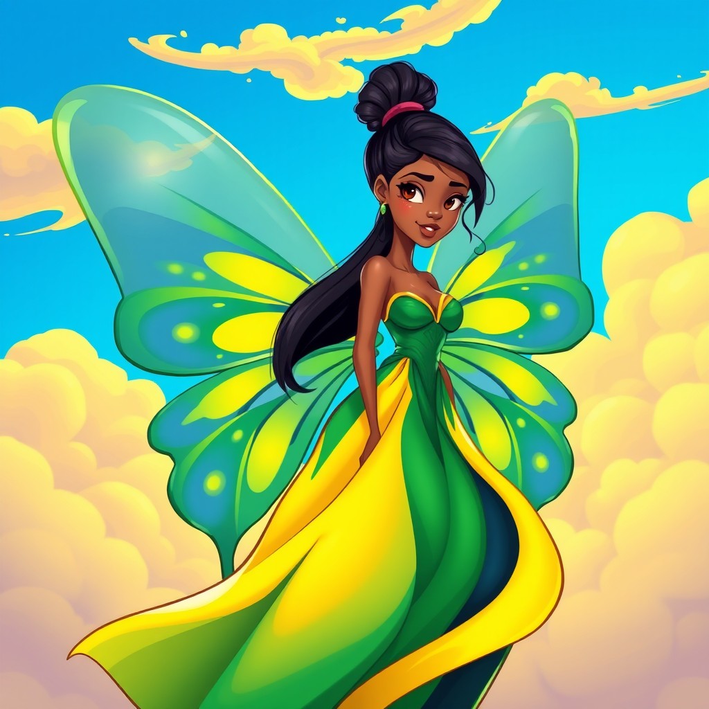 A stunning cartoon-style digital illustration of a beautiful Brazilian fairy standing gracefully among vivid, stylized clouds in a bright blue sky
