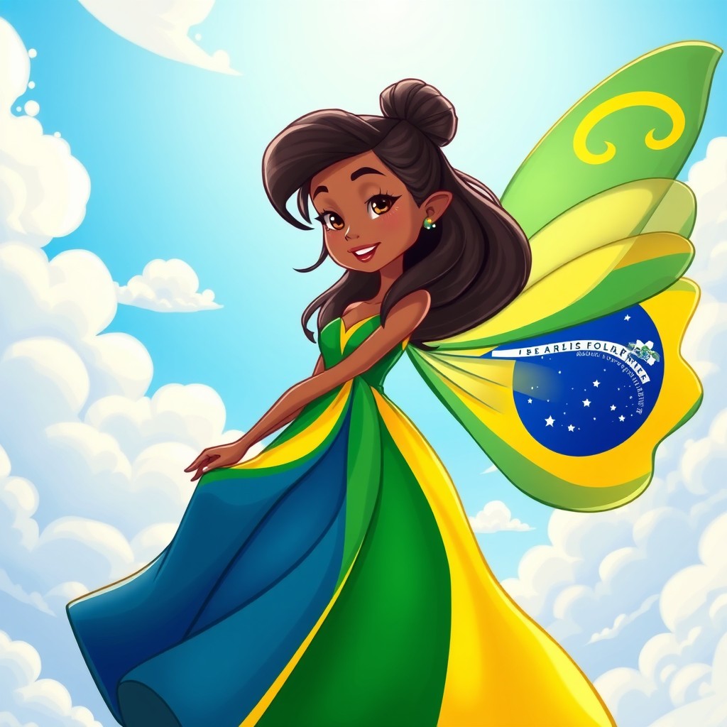 A stunning cartoon-style digital illustration of a beautiful Brazilian fairy standing gracefully among vivid, stylized clouds in a bright blue sky