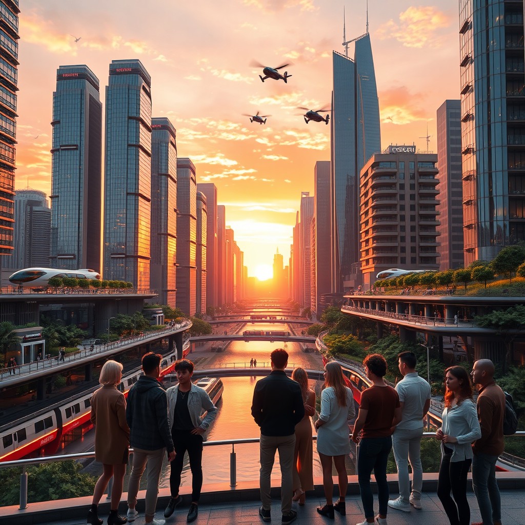 An evolved version of a futuristic city skyline at sunset, showcasing towering skyscrapers with shimmering glass facades, interconnected by lush vertical gardens and illuminated walkways