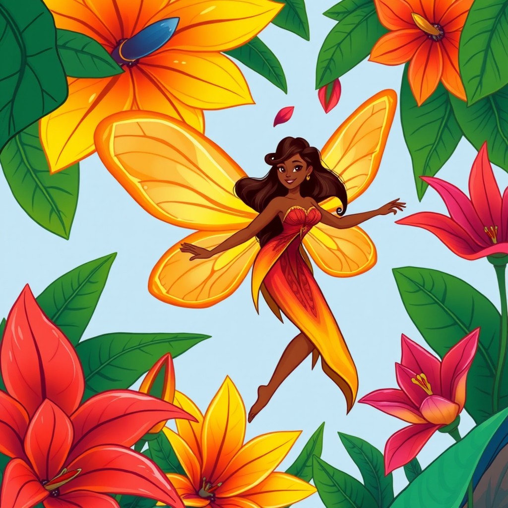 An adult Brazilian fairy woman with warm brown skin, dressed in the vibrant colors of Brazil, gracefully floating among colorful giant tropical flowers